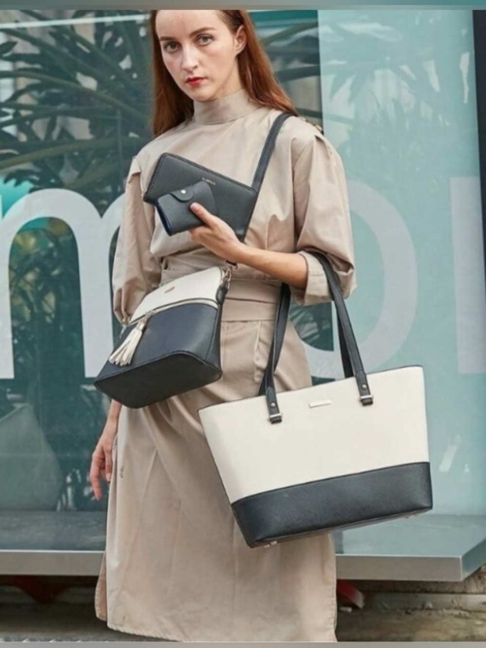 All NEW 4 Piece Purse SET Black/Ivory Faux Leather Tote, Shoulder Bag Bundle - Picture 10 of 13